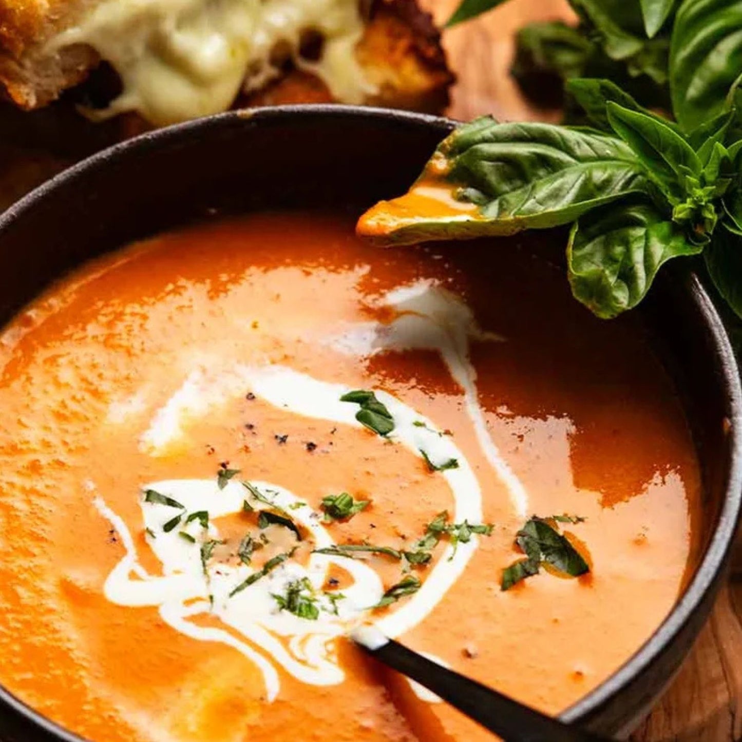 Spicy Tomato Soup with Fried Basil Leaves